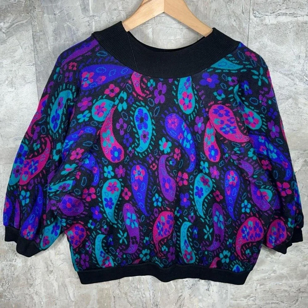 Vintage 90s Cricket Lane Cropped Sweater with purple blue pink paisley Woman's L